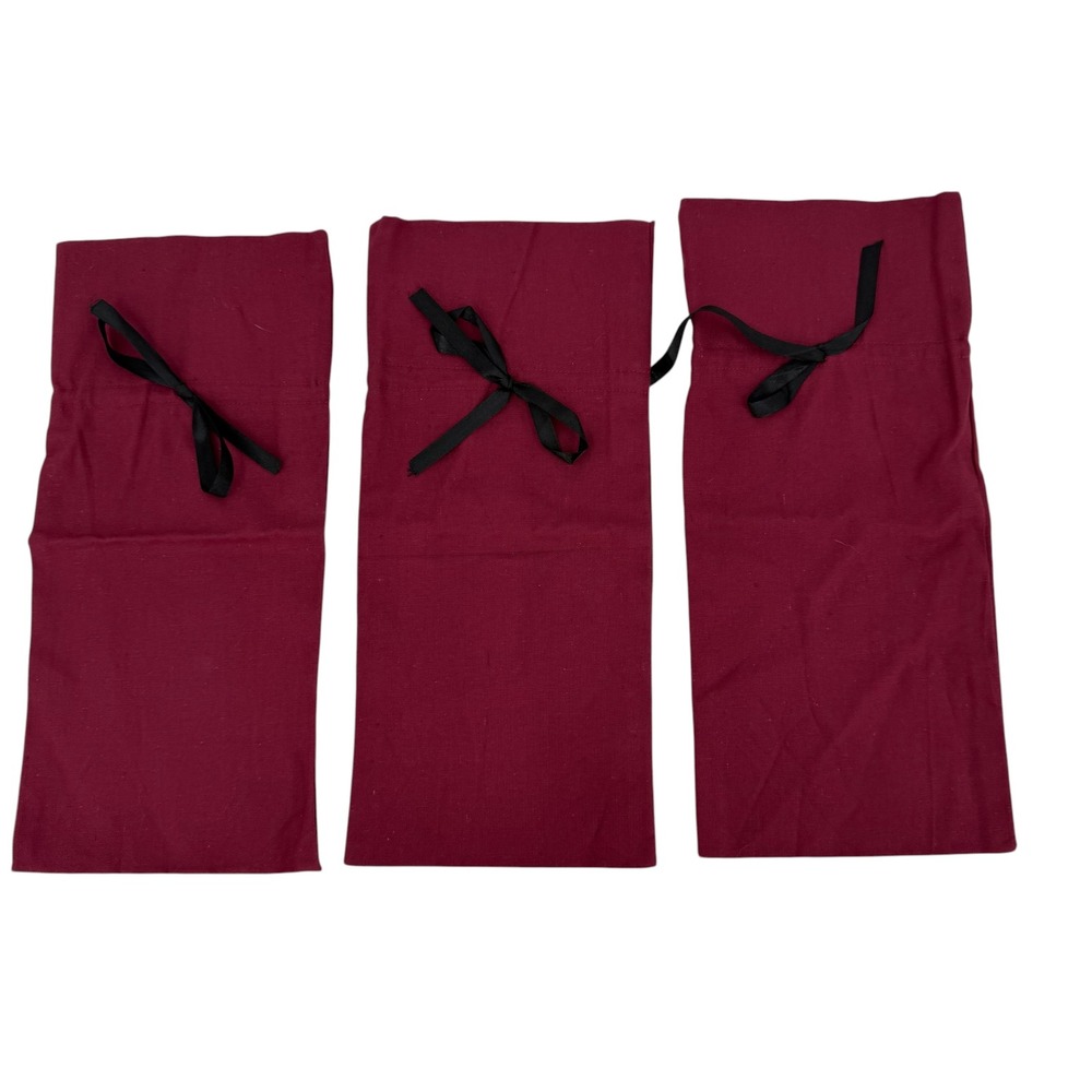 3 Wine Bags Cotton OS Burgundy Ribbon Tie Gift Wrap Holiday Reusable Sustainable